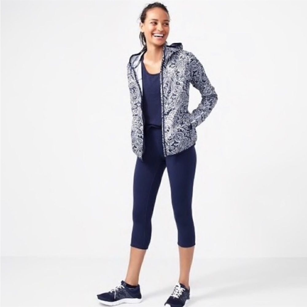 New Balance/J Crew navy paisley hooded wind breaker rain resistant sz S - Picture 2 of 9